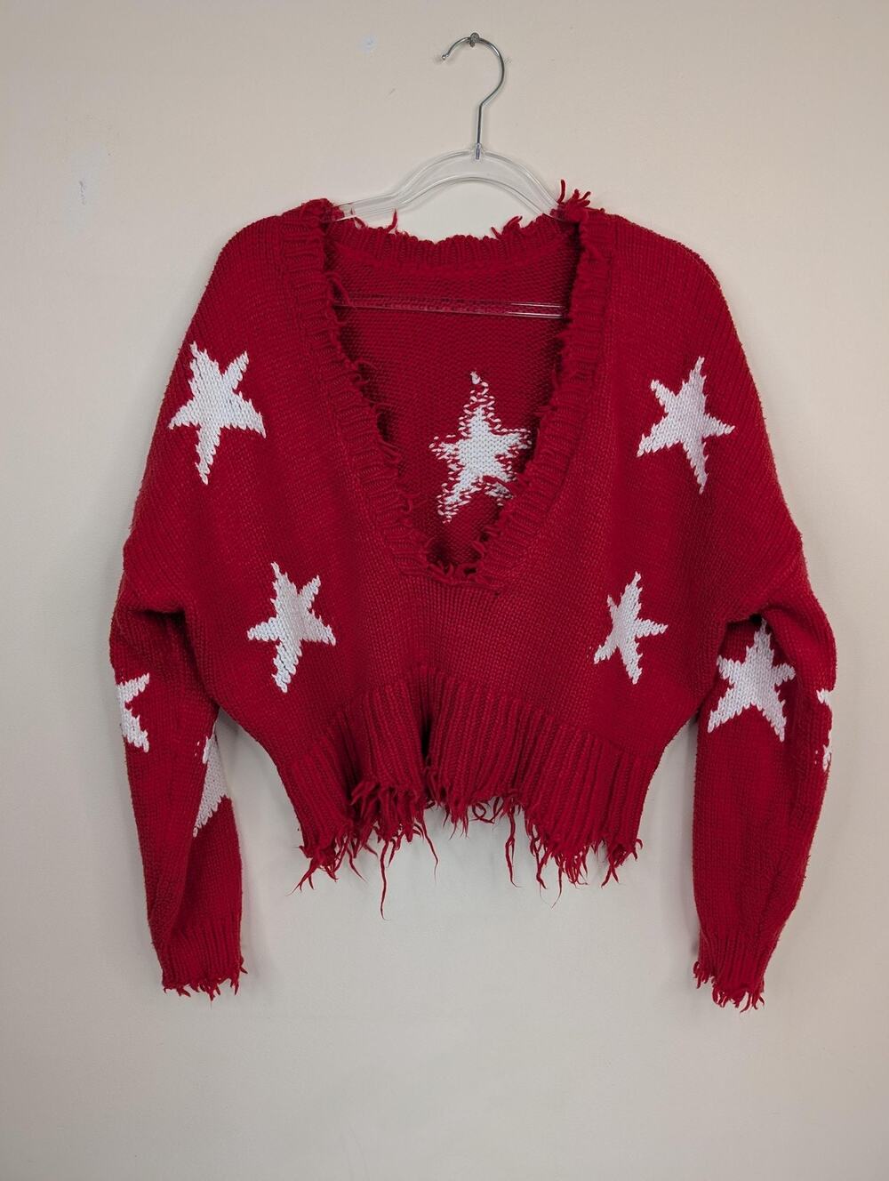 Wildfox Star Sweater Womens Extra Small Red Distressed Crop Cotton Grunge Chunky